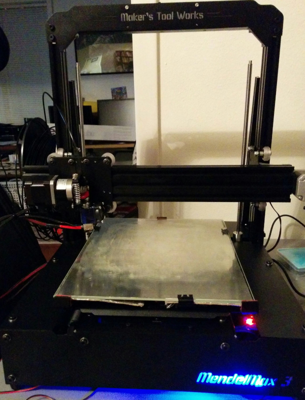 MendelMax 3 shortly after initial assembly on project table. Scene is dark.